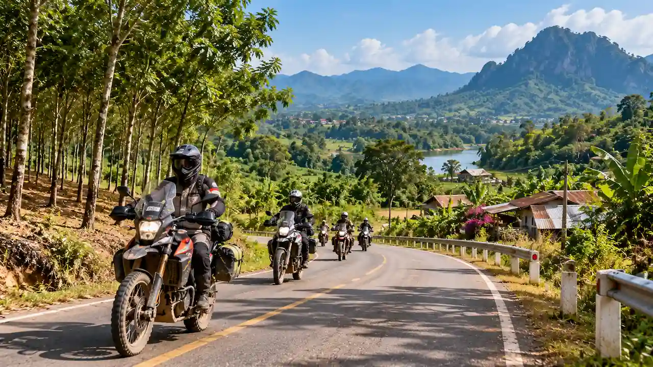 Motorcyclists exploring scenic countryside roads on a 4–5 day Ho Chi Minh Orange Route tour.