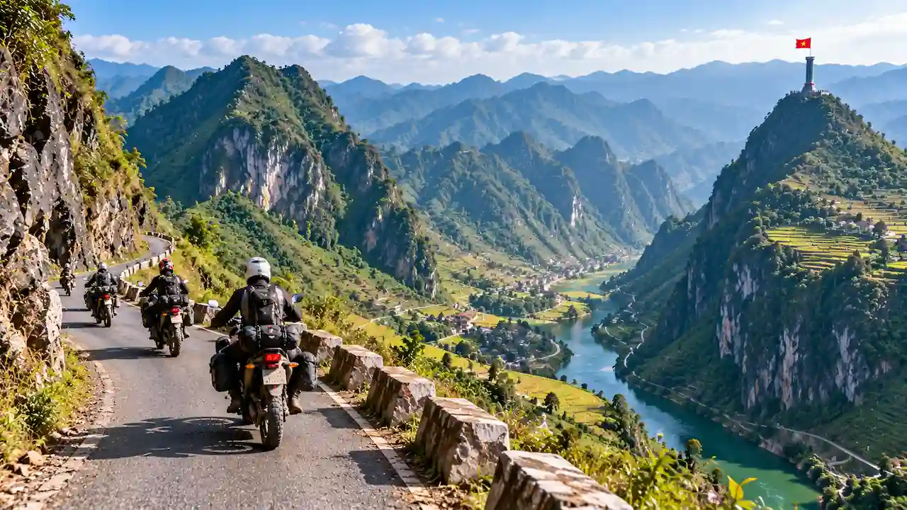 Motorcycle riders exploring Dong Van and Meo Vac mountain roads near Lung Cu in Ha Giang.