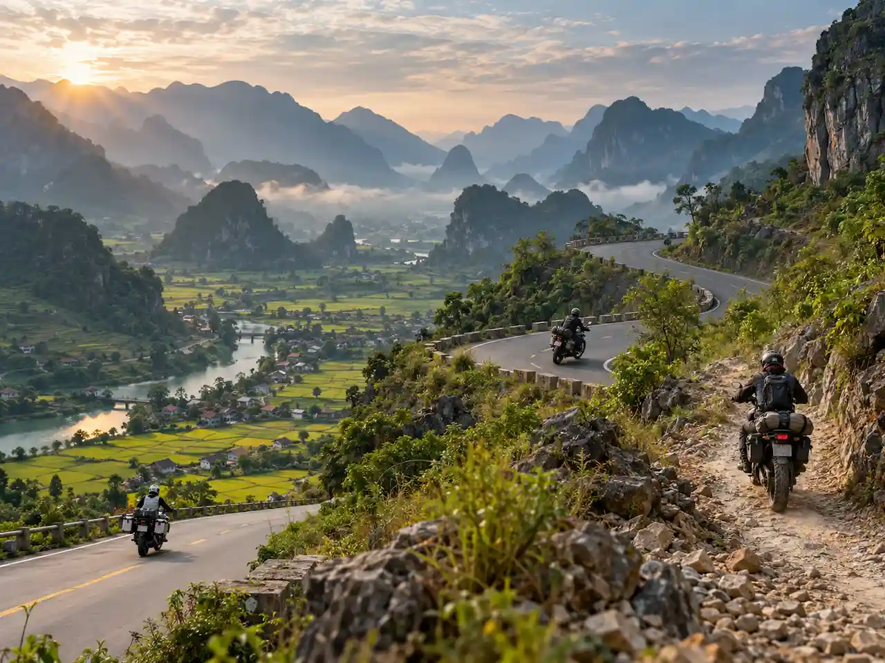 Motorcycle riders exploring scenic mountain roads and rugged trails in North Vietnam.