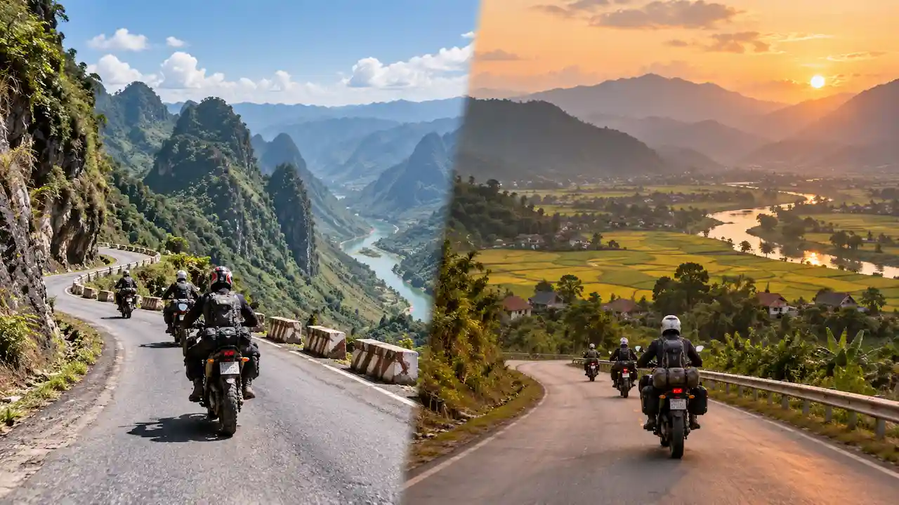 Motorcycle riders exploring Ha Giang Loop and scenic Grand North Vietnam routes.