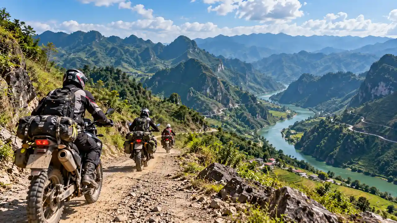 Adventure motorcyclists riding a challenging rocky mountain trail in North Vietnam.