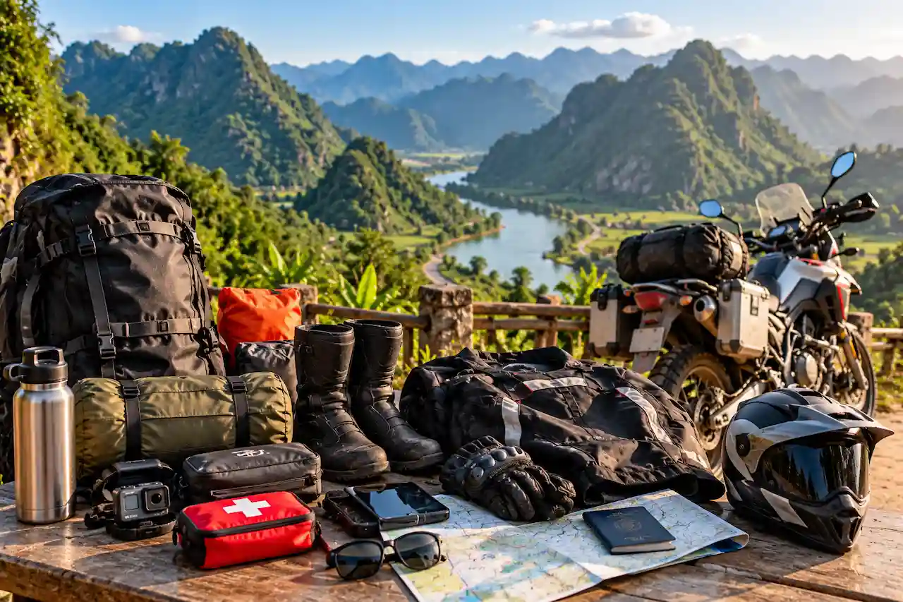 Essential motorcycle touring gear and packing supplies arranged beside an adventure bike in Vietnam.
