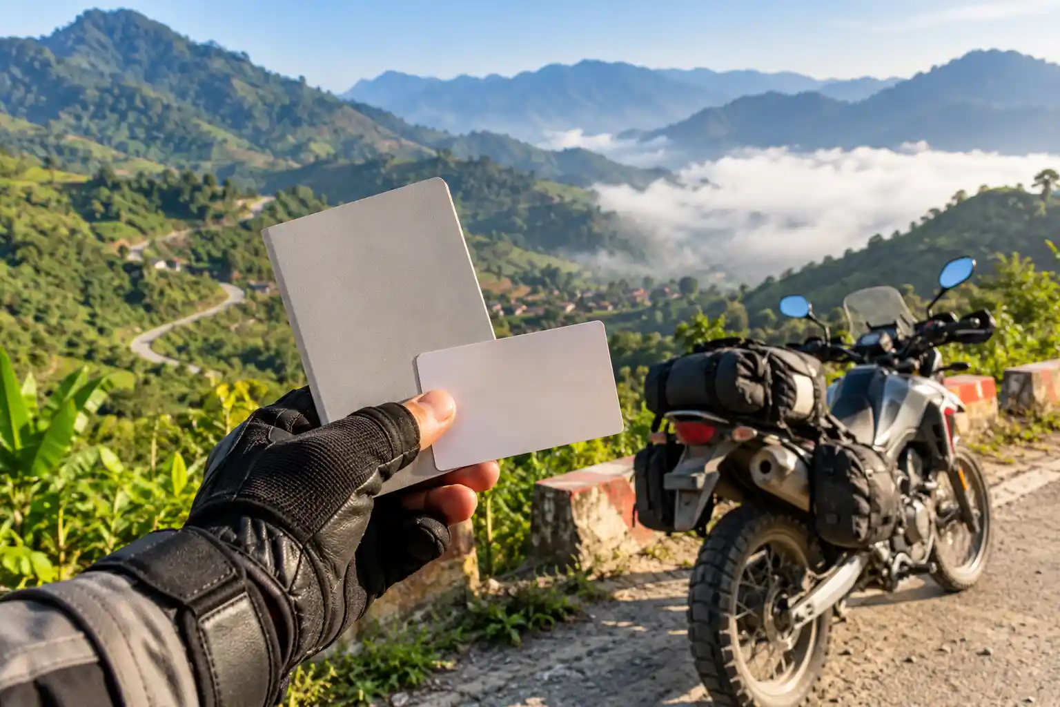 Motorcycle rider holding travel documents beside a motorbike on a scenic mountain road in Vietnam.